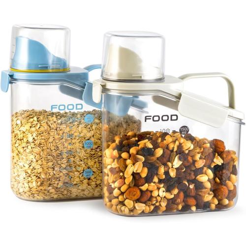 2 PCS Cereal Storage Containers, 1.5L/51oz Dry Food Rice Holder, Pet Dog Cat Food Dispenser with Measuring Cup, BPA Free Clear Plastic Kitchen Pantry Organization Bin, 1 Blue 1 White