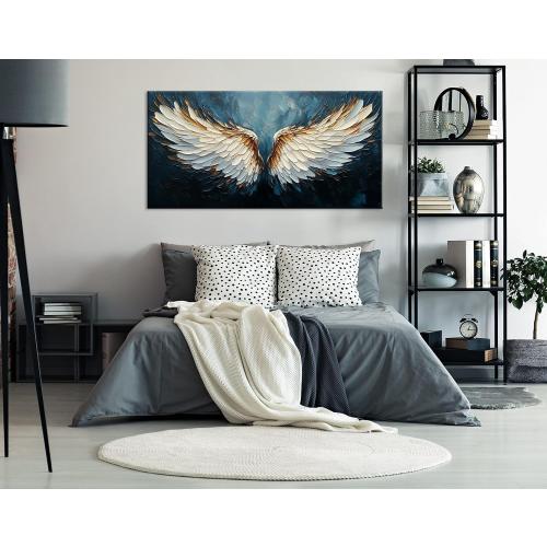 ZESTRILIA Angel Wings Wall Art Blue Oil Painting Reproduction Print Modern Abstract Canvas Paintings Waterproof Artwork Picture for Living Room Bedroom Home Office Kitchen Décor (28x58inch)