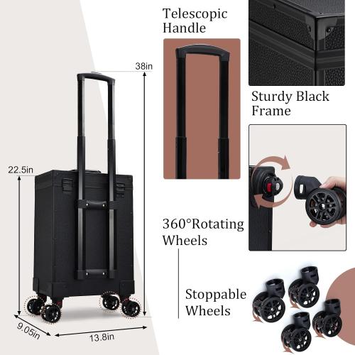 Size Medium Color Black Professional 3 in 1 Rolling Makeup Case Cosmetology Case on Wheels 2 Large Drawer Nail Case Trolley Traveling Cosmetic Train Case with Makeup Pouch for Artists Nail Technician Salon Cart Trunk Black