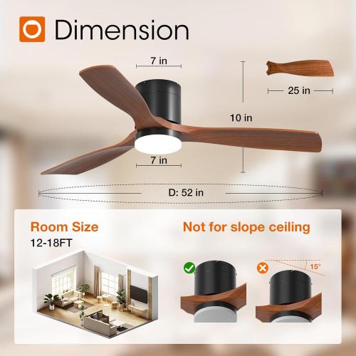 addlon 52 inch Ceiling Fans with Lights, Low Profile Ceiling Fan with Light and Remote Control, Flush Mount, Reversible, 3 Wood Blades, 3CCT Dimmable, Black Walnut Ceiling Fan for Indoor/Outdoor Use