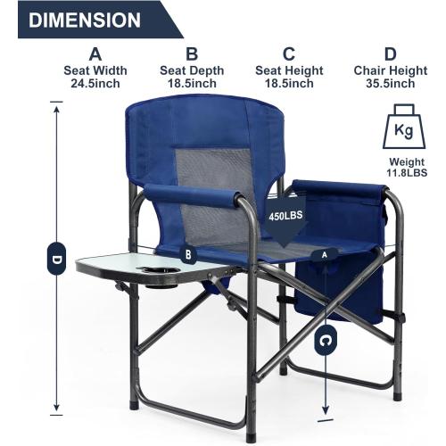 Directors Chair, Camping Chairs for Adults, Heavy Duty Side Table, Lawn Chairs with Side Pockets Carry Straps