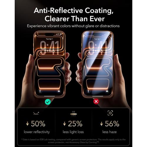 ESR Accessory Glass by Corning™ 3 Pack 9H  Glass for iPhone 17 Pro Screen Protector, with AR Anti-Reflective Technology, Military Grade Shatterproof & Durable with UltraFit Tray