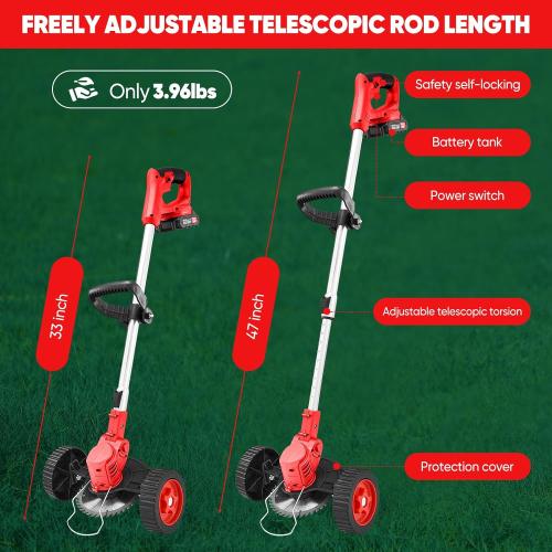 SakerPlus Wireless Weed Cutter, 24V Cordless Electric Grass Trimmer Weed Eater Wacker with 2 Batteries, 3-in-1 Lightweight Brush Cutter/Lawn Mower/Edger with Wheels for Lawn, Garden & Yard(Red)