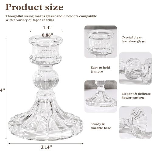 6 Pcs Clear Glass Taper Candle Holders – 4 Ribbed Candlestick Holders for Standard Candles | Elegant Centerpiece for Wedding, Party, Holiday & Home Decor