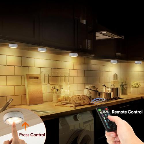 LED Puck Lights with Remote Control, Battery Operated Wireless Closet Light, Under Cabinet Lights Stick on Tap Light, Color Changing Under Counter Light for Kitchen, 2 Pack - White