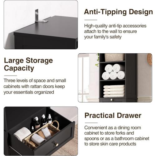 Size 67H Color Black Bathroom Storage Cabinet with Rattan Doors and Slide Storage, Tall Narrow Standing Tower Cabinet with Adjustable Shelves, Small Bathroom Floor Organizer for Entryway, Kitchen, Black