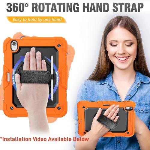 HXCASEAC Rugged Case for iPad Air 11 inch M3 M2 (2025 2024), Heavy Duty Protective Design with Pencil Holder, Built-in Screen Protector, Rotating Stand, Hand Strap, for iPad Air 11 Hard Case (Orange)
