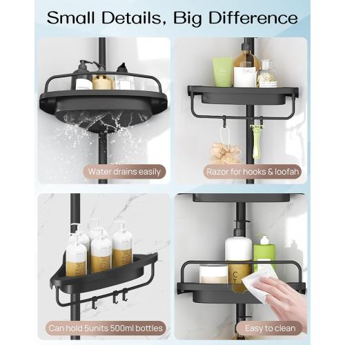 ALLZONE Corner Shower Caddy Tension Pole, Extendable Rustproof Stainless Steel Pole & 4-Tier Adjustable Shelves for Easy Drainage and Built-to-Last Stability, 34 to 116 Inch, Black