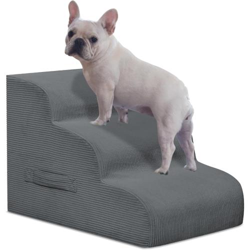 Grey Dog Stairs & Steps for High Beds, 3 Steps High Density Foam Waterproof Dog Ramp for Small Dogs and Cats, Pet Stairs with Removable Washable Cover for Bed, Couch, Sofa and Car (H:16)