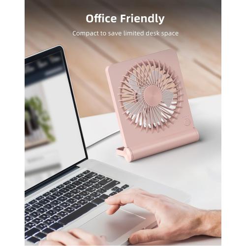 Koonie USB Fan, Strong Wind Ultra Quiet Small Desk Fan 220° Tilt Folding 3 Speeds Adjustable USB-C Powered Personal Fan for Home Office Desktop, Pink, NO BATTERY