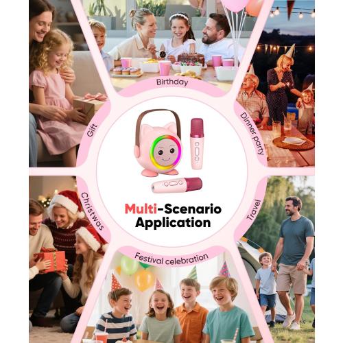 Mini Karaoke Machine Toy for Kids, Portable Karaoke Machine with 2 Wireless Microphone for 4,5,6,7,8,9,10,11,12  Years Old Christmas Birthday Gifts Girls Boys (Pink)