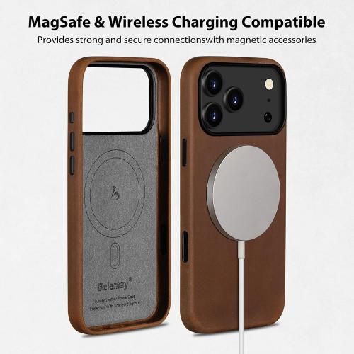 Belemay Handcrafted Crazy Horse Leather Case for iPhone 17 Pro, Compatible with MagSafe, Vintage Aesthetic, Two-Tone Effect, Unique Patina, Camera Control Button, Metal Buttons (6.3), Vintage Brown
