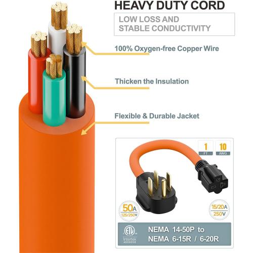 Orange STW Heavy Duty Nema 14-50P 50-AMP Plug Male to 6-20R/6-15R T-Blade Adapter, 4-Prong 250V to 20A 250V 6-20/15R Adapter, 14-50 to 6-20R EV Dryer Adapter