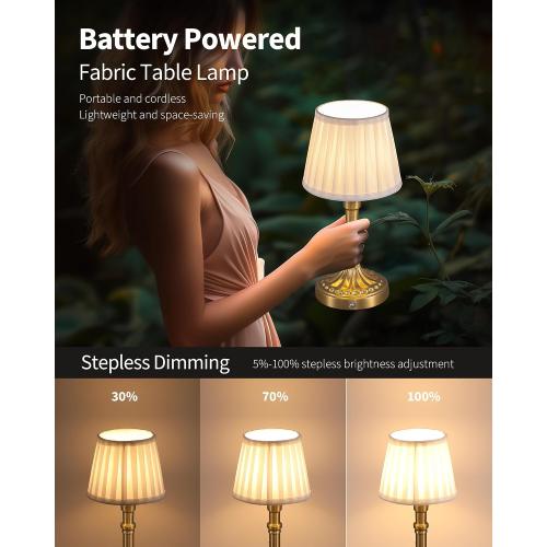 KDG Cordless Portables Table Lamp Set of 2, LED Fabric Shade Small Desk Lamps, 5000mAh Battery Powered Lighting, 2700K Stepless Dimmable Light for Living Room, Dining Room, Bedroom, Bedside (Gold)