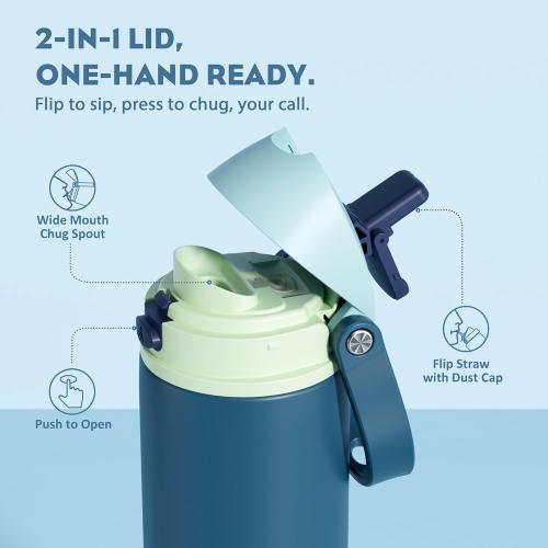POWCAN 24 oz Insulated Stainless Steel Water Bottle: 2-in-1 Push-Button Spout & Quick-Flip Straw, Leakproof, Cold 24 Hrs, Fits Car Cupholder, Reusable Metal Bottle for Sports, School Gift (Denim Blue)
