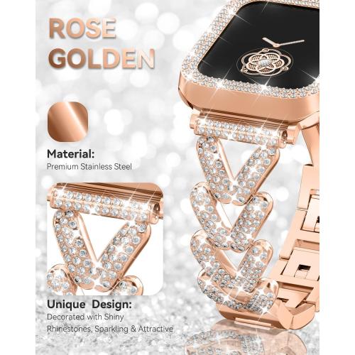 Rhinestones Encrusted Metal Bracelet and Case, Compatible with Apple Watch Bands 38mm-49mm (Series 10/1/SE/Ultra 2)- Bling Gold Women's Jewelry Strap, Luxury iWatch Bracelet with Screen Protector