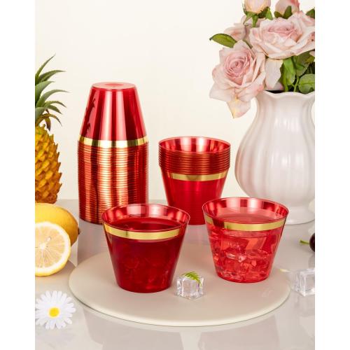 Goodluck 50PCS 9oz Red and Gold Plastic Cups for Party, Disposable Gold Rim Cups, Plastic Cocktail Glasses for Wedding Thanksgiving, Christmas, and Parties