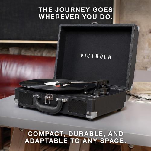Victrola Journey - Bluetooth Suitcase Record Player - Brown | Built-in stereo speakers, 3-speed turntable plays 7, 10 and 12 records, Bluetooth streaming, headphone jack