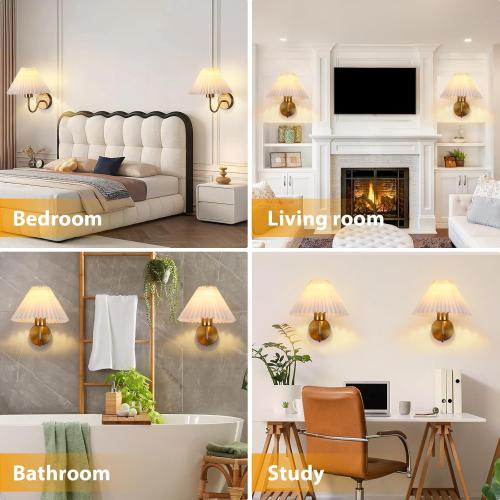 Gold Wall Sconces Sets of 2, Indoor Wall Light Fixtures with Fabric Lampshade, Pleated Fabric Wall Lamp Dresser Hardwired Lamp Wall Lighting Fixture for Bedroom Living Room Porch Dining Room