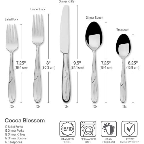 Mikasa Cocoa Blossom 65-Piece Flatware Set for 12, 18/10 Stainless Steel Silverware with Full Service and Serving Utensils, Elegant Floral Design