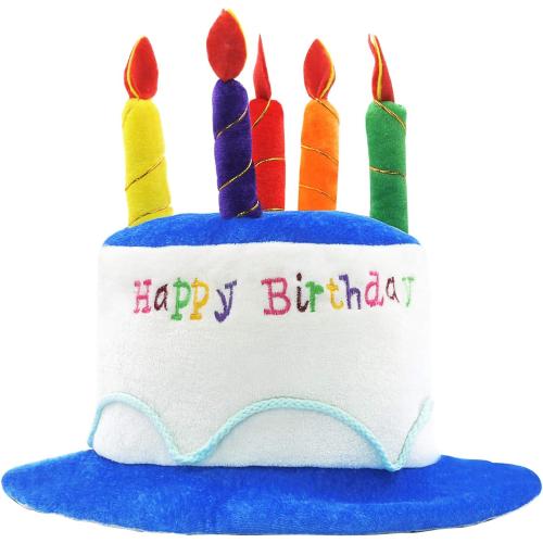 Novelty Place Blue Plush Happy Birthday Cake Hat - Unisex Adult Size Fancy Dress Party Hats - Perfect as Party Favors, Costume Accessories - Cake & 5 Multicolor Candles