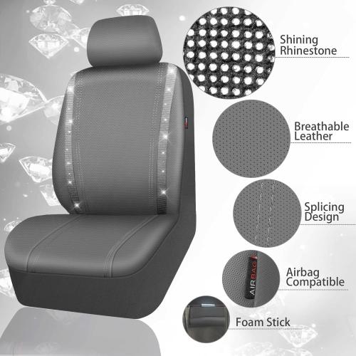 Color Grey CAR PASS Bling Car Seat Covers Full Set, Shining Glitter Rhinestone Diamond Waterproof Faux Leather Interior Sets Universal Fit Automotive Glitter Crystal Sparkle Strips for Cute Women Girl, Gray
