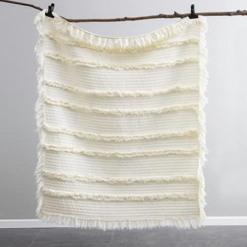 Ultra Soft Pre-Washed Quilted Boho Cream Queen Size Blankets for Bed, Ruffle Fringed Decorative Throw, Stone Washed Chic Rustic Blanket for Sofa Couch Bed, 90*90