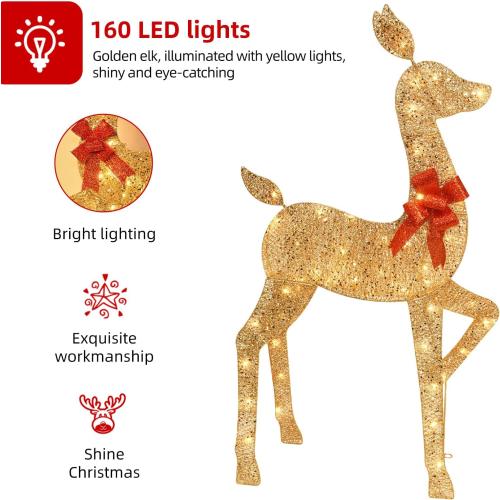 HOYECHI 5 FT Oversized Christmas Decorations Outdoor Lighted Reindeer – 3-Piece 2D Deer Family Set with 160 Warm White LED Lights for Yard, Lawn, Garden & Porch Holiday Display - Gold