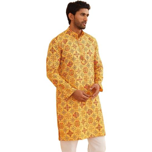 Size 54 Sojanya (Since 1958 Men'S Cotton Linen Blue Foil Printed Only Long Kurta