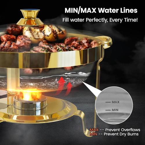 Round Chafing Dishes for Buffet 4 Pack, 6QT Chafers and Buffet Warmers Sets with 2 Heat-Proof Gloves, 4 Spoons, 4 Slotted Spoons & 4 Tongs, Gold Chafing Dishes for Buffet Parties Gatherings