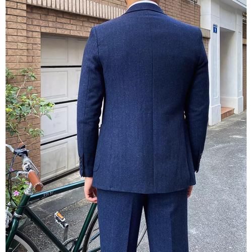 Men's 3 Piece Tweed Suit Herringbone Slim Fit Wool Blend Tuxedos Set Vintage Work Wedding Business Jacket Blazer Vest Pants Size 42