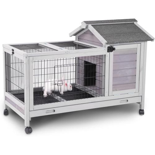 Aivituvin Rabbit Cage Indoor for 1-2 Bunnies, 6.6ft² Wooden Outdoor Rabbit Hutch, Small Bunny House, Guinea Pig Cage with Leakproof Pull Out Tray, 4 Wheels and Removable Wire Floor Grid