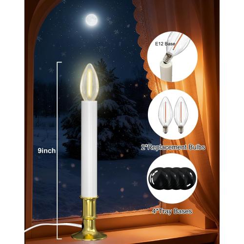 SUNSGNE Christmas Electric Window Candle Lights with Auto Sensor, Dusk to Dawn Candle Lamps with Gold Plated Base, 9'' Plug in Candle Lights with 0.6W LED E12 Bulbs for Window Table Decor, 4 Pack