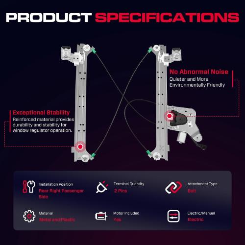 Rear Passenger Side Power Window Regulator with Motor (2 Pins) Fit for 2001-2006 Chevrolet Silverado 1500 3500, Avalanche Suburban GMC Sierra 1500 2500 3500 Yukon XL Cadillac Escalade, 741-579