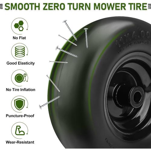 TWO 11x4.00-5 Flat Free Lawn Mower Tires on Wheels, Universal Fit 11x4.00-5 Smooth Tread Tire for Zero Turn Lawn Mowers - with 3/4 Bushings and 3.4-5 Centered Hub - Contain Adapter Kit | Black-2Pcs
