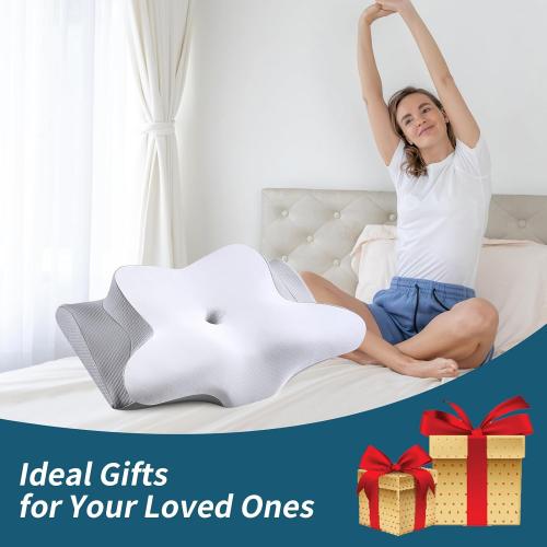 White and Grey Neck Pillow Cervical Memory Foam Pillows, Cooling Contour Pillow for Neck Pain Relief, Ergonomic Orthopedic Bed Pillow for Side Back Stomach Sleepers with Breathable Pillowcase