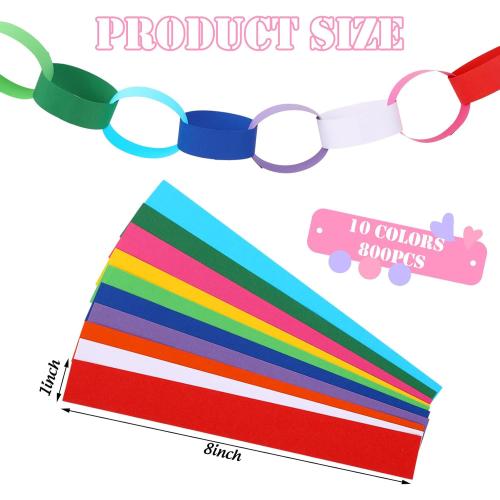 800pcs Rainbow Paper Chains with Glue Tapes, 10 Colors, Paper Craft Favors for Birthday, Baby Shower, Party Decoration