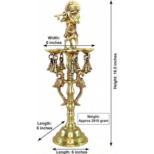 Brass Krishna Oil Lamp | Home Decor | Brass Diya Deepam Lamps | Kuthu Vilakku | Lamps for Home and Office - 16.5 Inches - Big Size