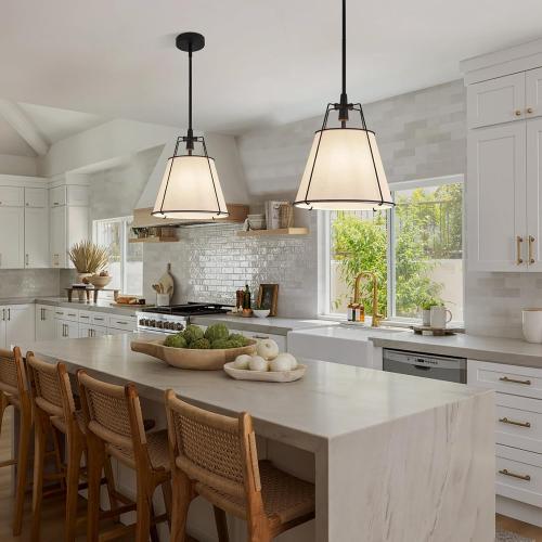 Modern Pendant Light Fixtures with 13 Off-White Linen Fabric Shade, Adjustable Hanging Light Fixture,Drum Black Vintage Chandelier for Kitchen Island Bedroom Dining Room Foyer Entryway