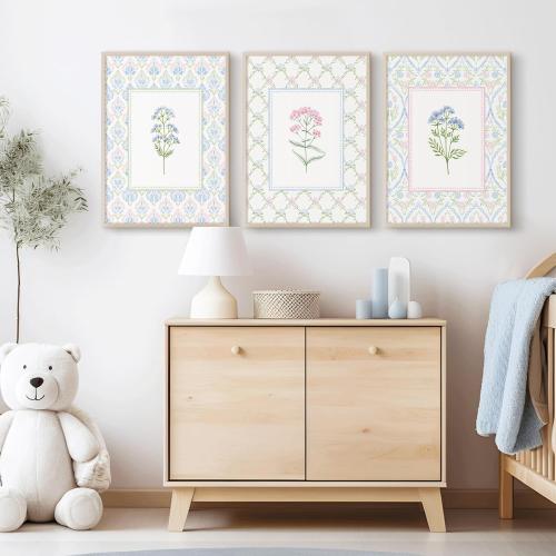 Lhoiplme Wildflower Nursery Wall Art Decor Baby Girl Room Canvas Prints Pastel Floral Wall Art Botanical Flower Pictures Pink Blue Wildflower Painting Artwork for Girls Bedroom 24x36x3 Inch Unframed