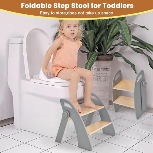 Wooden Step Stool, Two Step Stools, 300 lb. Load Capacity, with Safety Non-Slip Pads and Handles, Bamboo Step Stool for Bathroom and Kitchen, Children's Christmas Gift (Grizzly)