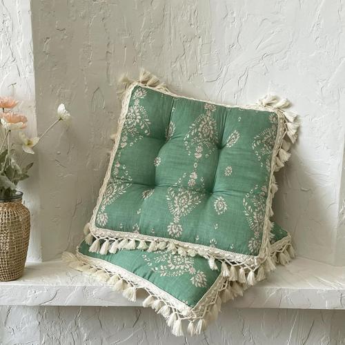 Set of 2 Floral Printed Chair Pads with Tassels Cotton Linen Square Chair Cushions 17x17x3 Inch Seat Cushion for Living Room Kitchen and Officewooden Chair (Green,17x17)