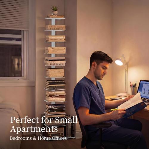 Suchtale 11-Tier Spine Bookshelf, Tall Slim Vertical Book Tower, White | Narrow Design Maximizes Vertical Storage in Small Spaces. Adjustable Shelf Directions Fit Living Rooms, Bedrooms and Offices.