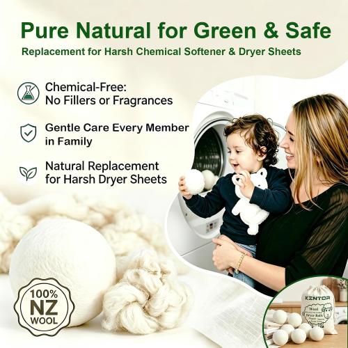 KINTOR Wool Dryer Balls XL 6-Pack, Reusable Natural Laundry Fabric Softener