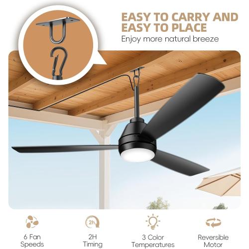PBLALA 52 Outdoor Ceiling Fans with Lights,Plug in Ceiling Fan Light,Gazebo Fan Light,Hanging with Hook,50W,3CCT,App&Remote Control,6-Speeds,DC Motor,Portable Fan for Patios,Pergola