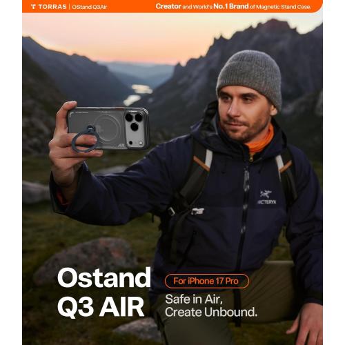 TORRAS Ostand Q3 Air for iPhone 17 Pro Case 6.3'' with Stronger Magnetic Stand, Fit for Magsafe, Airbags Miltary Protection, Camera Control for iPhone 17 Pro Case, Shockproof & Stylish, Shadow Black