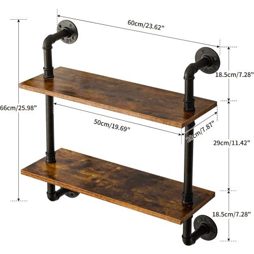 YMYNY Industrial Pipe Shelf Bracket, 2 Tiers Retro Wall Mounted Floating Shelf, Wood DIY Bookshelf, Storage Shelves for Living Room, Bedroom, 24 Farmhouse Bathroom Shelving, HD-UHRF-TM004