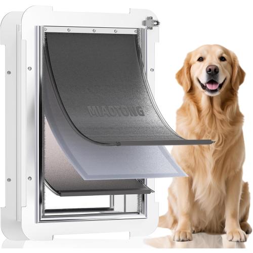 White 3-Flap Steel Large Dog Door for Exterior Doors with Sliding Lock Panel, Energy-Efficient Insulated Pet Door, Extreme Weather Doggy Door with Telescoping Tunnel, Never Rust(Pets Up to 100 Lb)