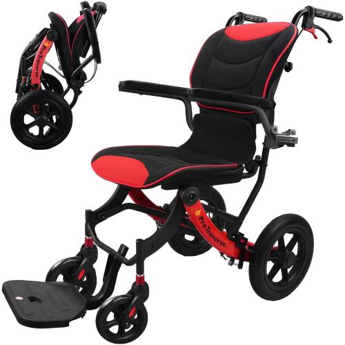 Wheelchairs for Adults,Transport Wheelchair Lightweight Foldable with Removable Cushion,Ergonomic Transfer Chair with 12-inch Rear Wheels for All Terrains,Travel Wheelchair,Red