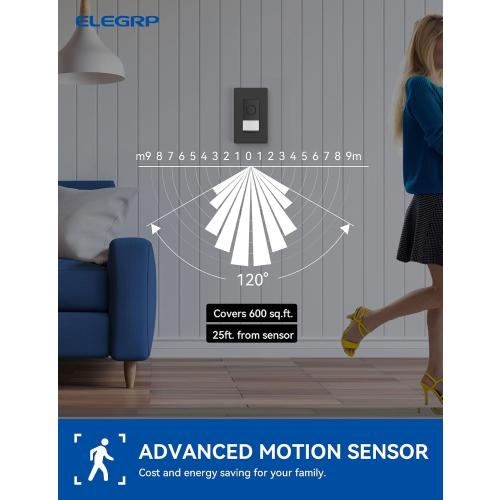 ELEGRP Smart Motion Sensor Switch, 2.4GHz Wi-Fi Single Pole Light Switch Works with Alexa & Google Assistant, APP Remote Control, Neutral Wire Required, UL Certified, No Hub Required (Black, 1 Pack)